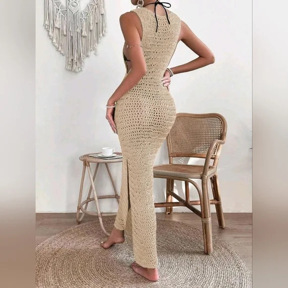 NEW Chic Crochet Knit Bodycon Maxi Swim Cover Up Dress Khaki Tan Beige